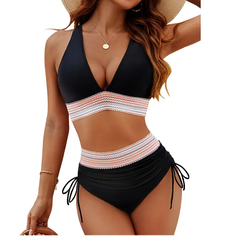 Tummy Control High Waisted Bikini Set with Adjustable Push-Up Support