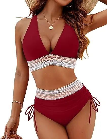 Tummy Control High Waisted Bikini Set with Adjustable Push-Up Support