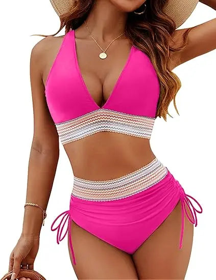 Tummy Control High Waisted Bikini Set with Adjustable Push-Up Support