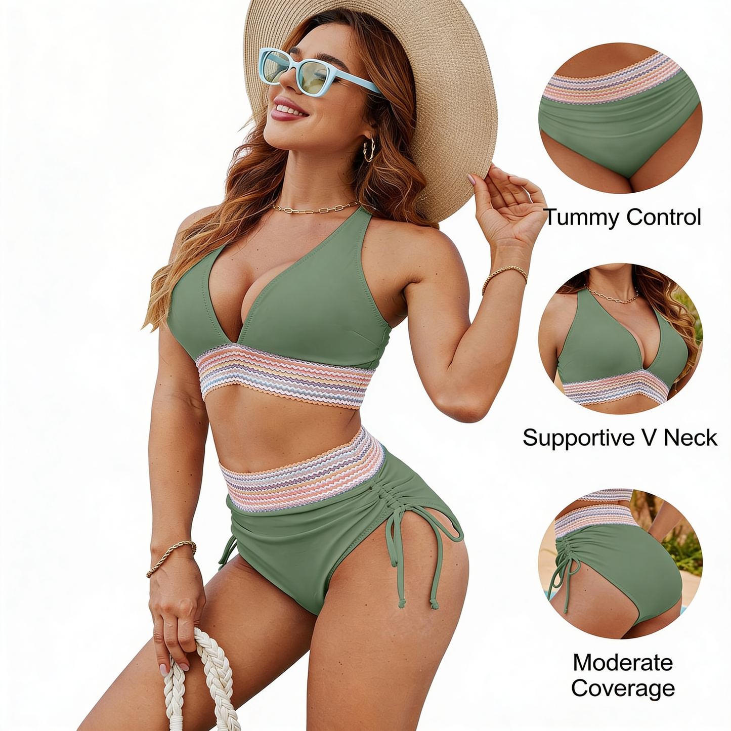 Tummy Control High Waisted Bikini Set with Adjustable Push-Up Support