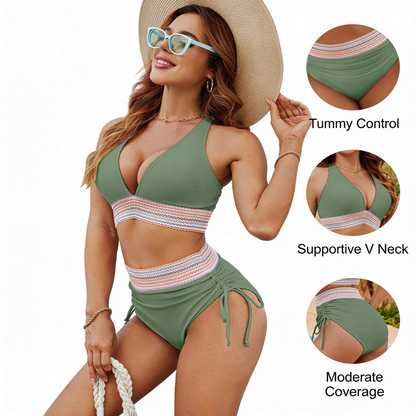 Tummy Control High Waisted Bikini Set with Adjustable Push-Up Support